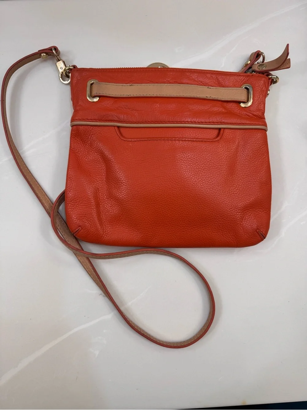 Emma Fox Orange Crossbody Bag with Tan Trim and Gold Hardware
